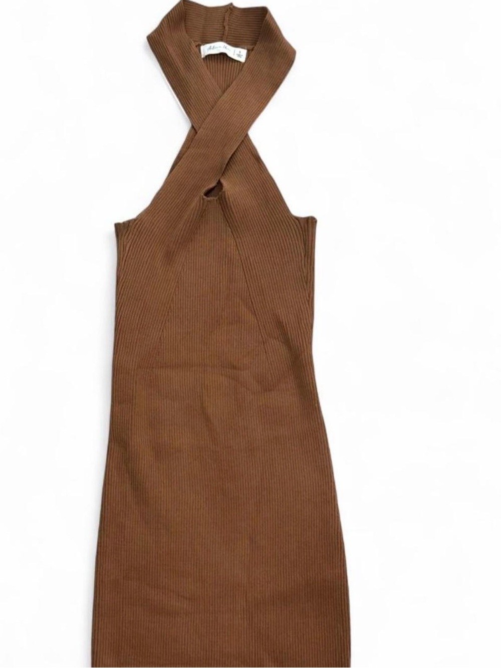 Brown Ribbed Cross-Neck Knit Dress - Women